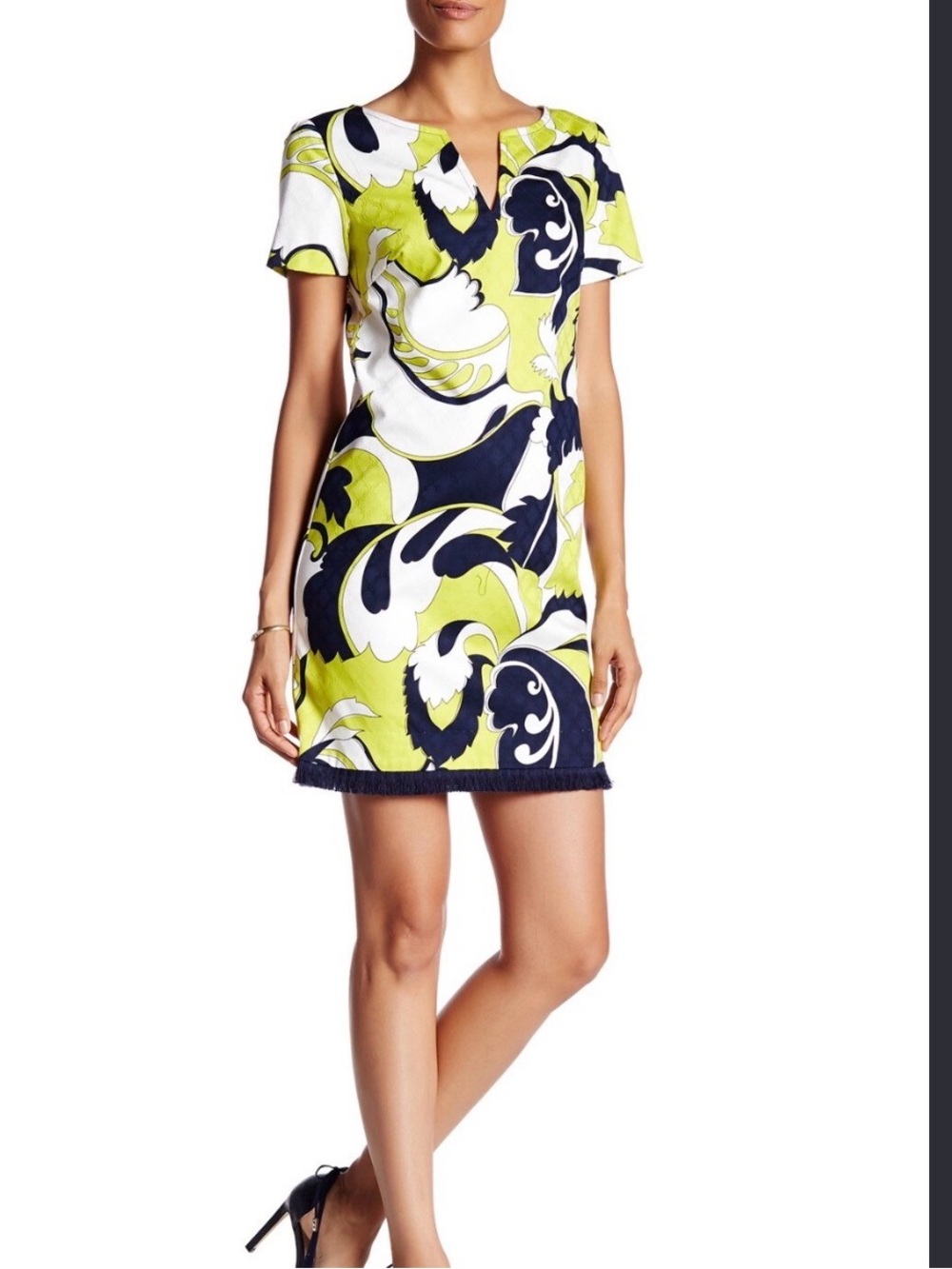 Trina Turk V-Neck Short Sleeve Fringe Paisley Shift Dress Dill Green Mini